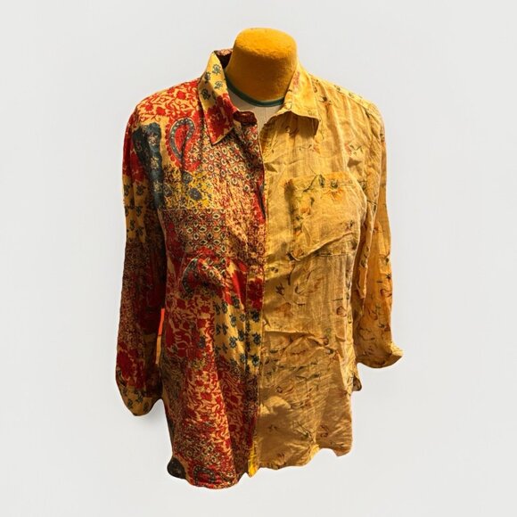 Vintage Goa Women's Top Button Down Shirt Patchwork Long Sleeve, Size M, Pockets - Picture 1 of 5